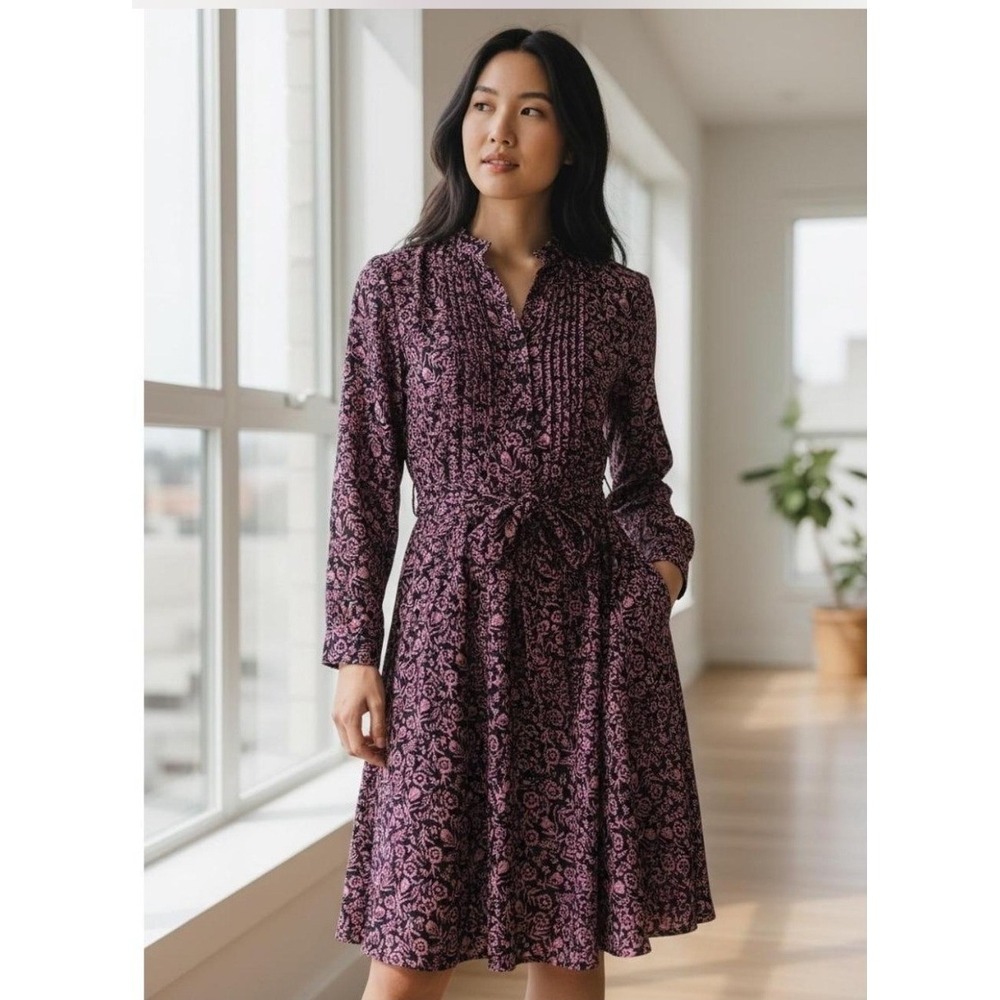 Nanette Lepore Floral Midi Dress Women 8 Navy Blue Pink Long Sleeve Belted Boho